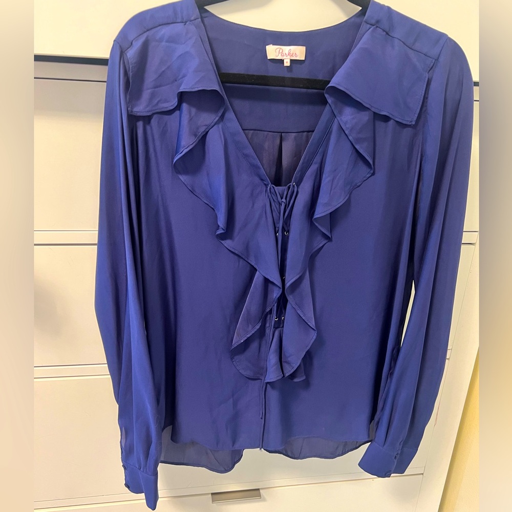 Parker Navy Ruffle Lace Up Blouse | Size M